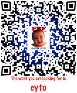 A QR code with a Baby Face in the middle. Caption: "the word you are looking for is cyto"