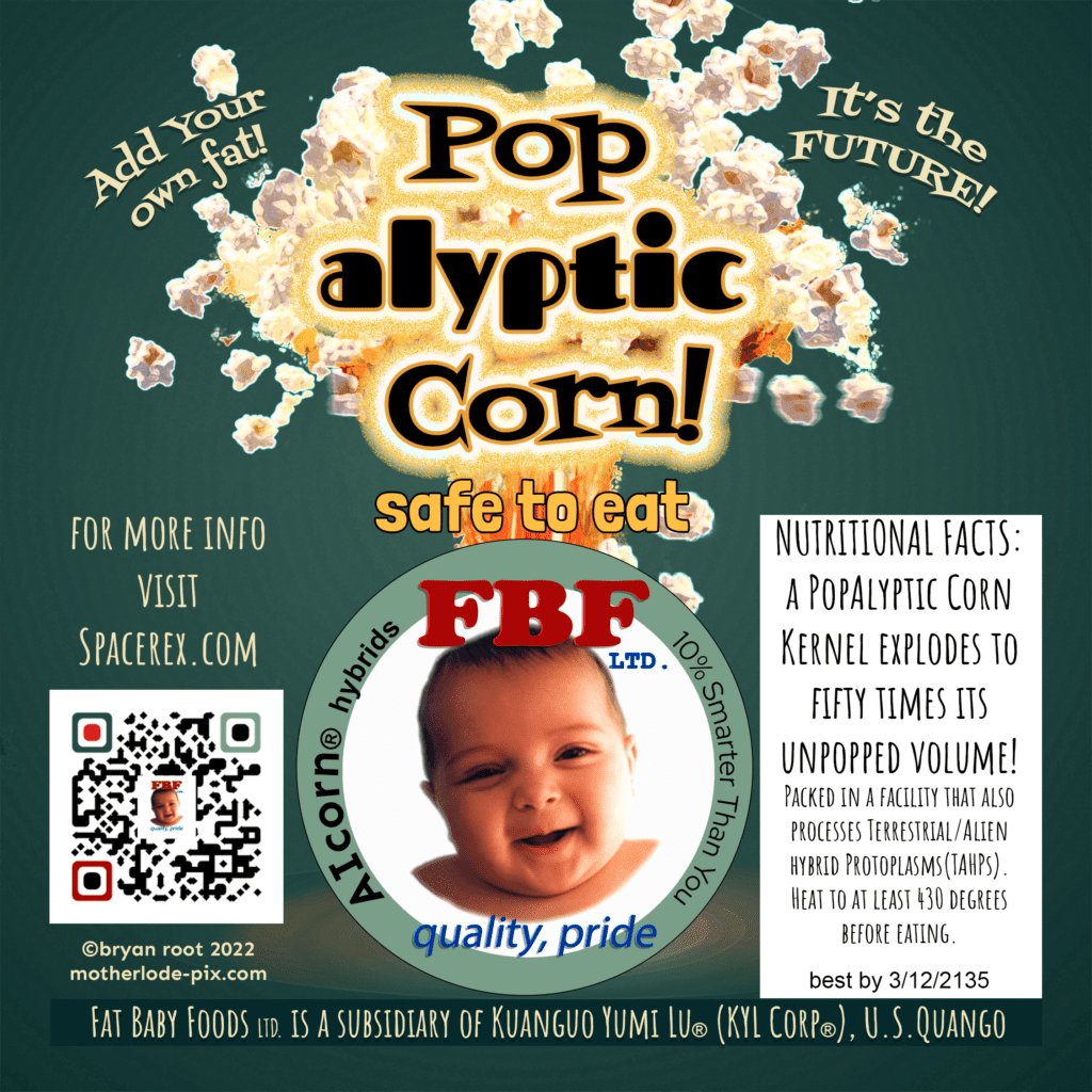 Food Label reads--Pop Alyptic Corn safe to eat FBF ltd. AIcorn hybrids, 10% smarter than you. Tat Baby Foods ltd. is a subsidiary of Kuanguo Yumi Lu (KYL corp), US Quango ...and more. 