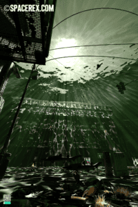 An underwater shot looking up through green murk at the beams of a refracted moon. We are on the ground looking up past crabs, picking through urban detritus. A fire escape looms in the top left, a street on the right. Power lines bow upward and out with the current in a flooded city. The top of a three-story red brick building just barely reaches the surface. A pair of sand tiger sharks is swimming up the street.