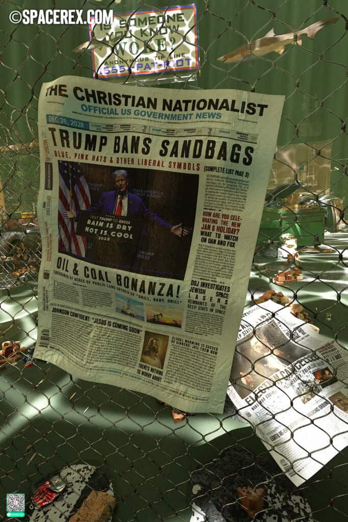 A city under at least 40 feet of sea water. Sharks swim past a submerged billboard that proclaims "Is Someone You Know WOKE?--anonymous tip line: 555-PAT-RIOT." In the foreground, washed up against a chain-link fence, also underwater, a newspaper headline for "The Christian Nationalist, Official US Government News" screams "Trump Bans Sandbags" and "blue, pink hats and other liberal symbols--complete list on page 3." The second headline, under a shot of Trump spreading his hands behind a podium with the slogan "Rain is Dry Hot is Cool" is the test "Oil and Coal Bonanza! -- thousands of acres of public land opened up. Drill, Baby, Drill!" There's more similarly alarming minor headlines on this page and on another paper floating behind it. "LGBTQ re-education camps break ground." and "Johnson Confident 'Jesus is coming soon'."