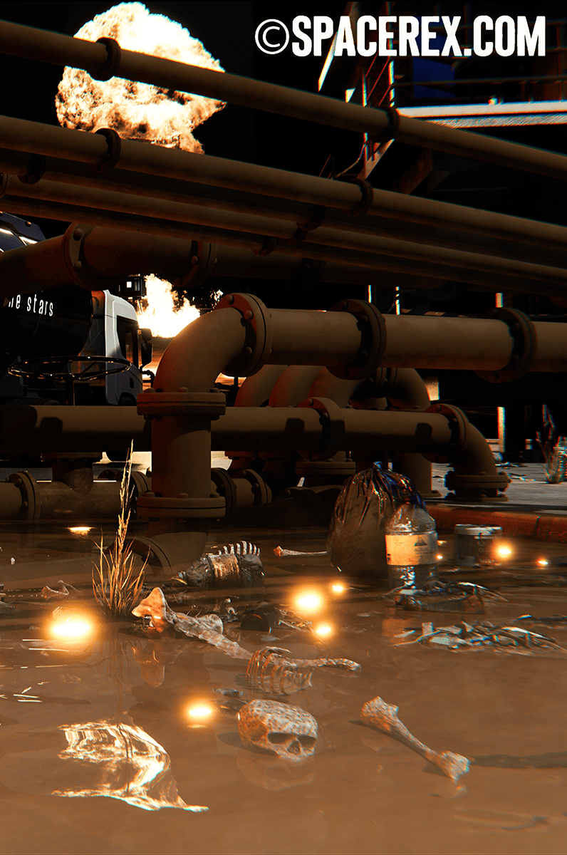 This is a cropped version of the right side of a previous shot, a sludgy pool of ruddy liquid shot through with bright bioluminescent spots. In the foreground, a mix of trash and melting human bones are scattered around, In this closer shot the mottled texture of the dissolving bone tissue is particularly evident. Pipes running horizontally fill the middle ground of this industrial landscape. A tanker truck with a Fat Baby Food logo and another company logo, obscured by a thicket of pipes, reads "…[hidden] the stars.” A big fireball is rising in the background, lighting up the faces of outdoor balconies rising up out of frame. 