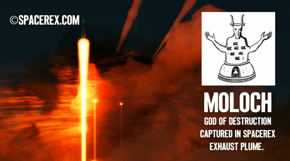A Spacex Rocket taking off. The smoke cloud below contains two glowing points, maybe smaller rockets following it, that form the eyes of an ominous apparition. This is a cropped photo that doesn't show the full figure in the clouds, but there is a graphic depiction of Moloch, a bell-shaped statue with the head of a bull and humanoid arms and hands which are raised, palms outward, in a gesture of benediction. There's an arched door at the base, with a fire within. There are seven windows in the torso. Below it is the text, "Moloch god of destruction captured in spacerex exhaust plume." The figure in clouds does bear a strong resemblance, particularly in the full shot, formed as it is from a momentary play of smoke and fire and shadows thrown by the rising rocket.