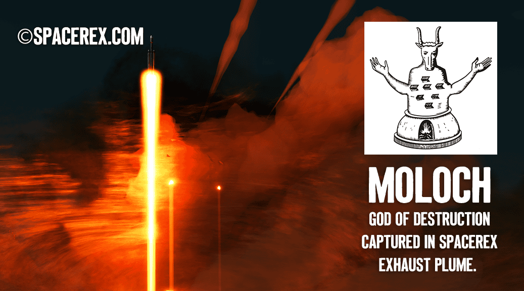 A Spacex Rocket taking off. The smoke cloud below contains two glowing points, maybe smaller rockets following it, that form the eyes of an ominous apparition. This is a cropped photo that doesn't show the full figure in the clouds, but there is a graphic depiction of Moloch, a bell-shaped statue with the head of a bull and humanoid arms and hands which are raised, palms outward, in a gesture of benediction. There's an arched door at the base, with a fire within. There are seven windows in the torso. Below it is the text, "Moloch god of destruction captured in spacerex exhaust plume." The figure in clouds does bear a strong resemblance, particularly in the full shot, formed as it is from a momentary play of smoke and fire and shadows thrown by the rising rocket.
