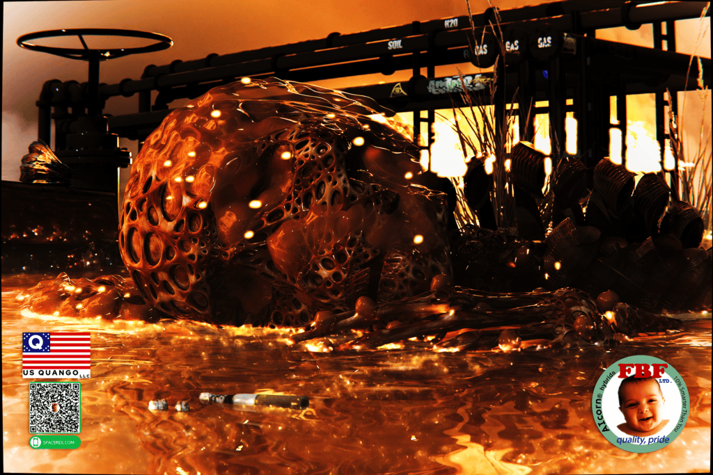 An outdoor scene lit by huge wildfires. In a puddle of bioluminescent slime focused on the head and hand of a human body which appear to be melting into the puddle. At the point were they meet the puddle glows. There's a lot of trash in and background and a thicket of big industrial pipes with labels "soil, H2O, Gas" along with some graffiti. In the extreme foreground is a cigarette and it's long ash floating on the surface as though the puddle had grown up gently beneath it in just the past few minutes.